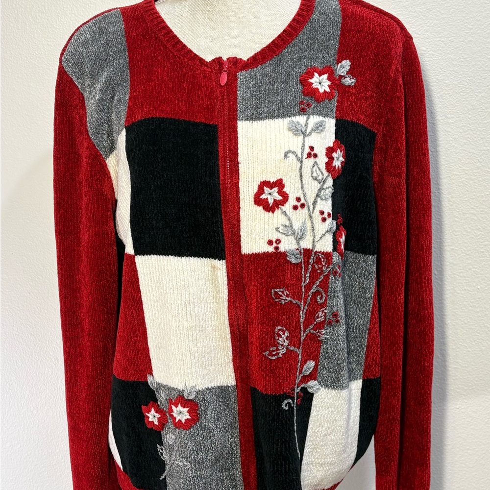 Vintage Alfred Dunner Retro Grannycore Red and Black Patchwork Cardigan Size XL
